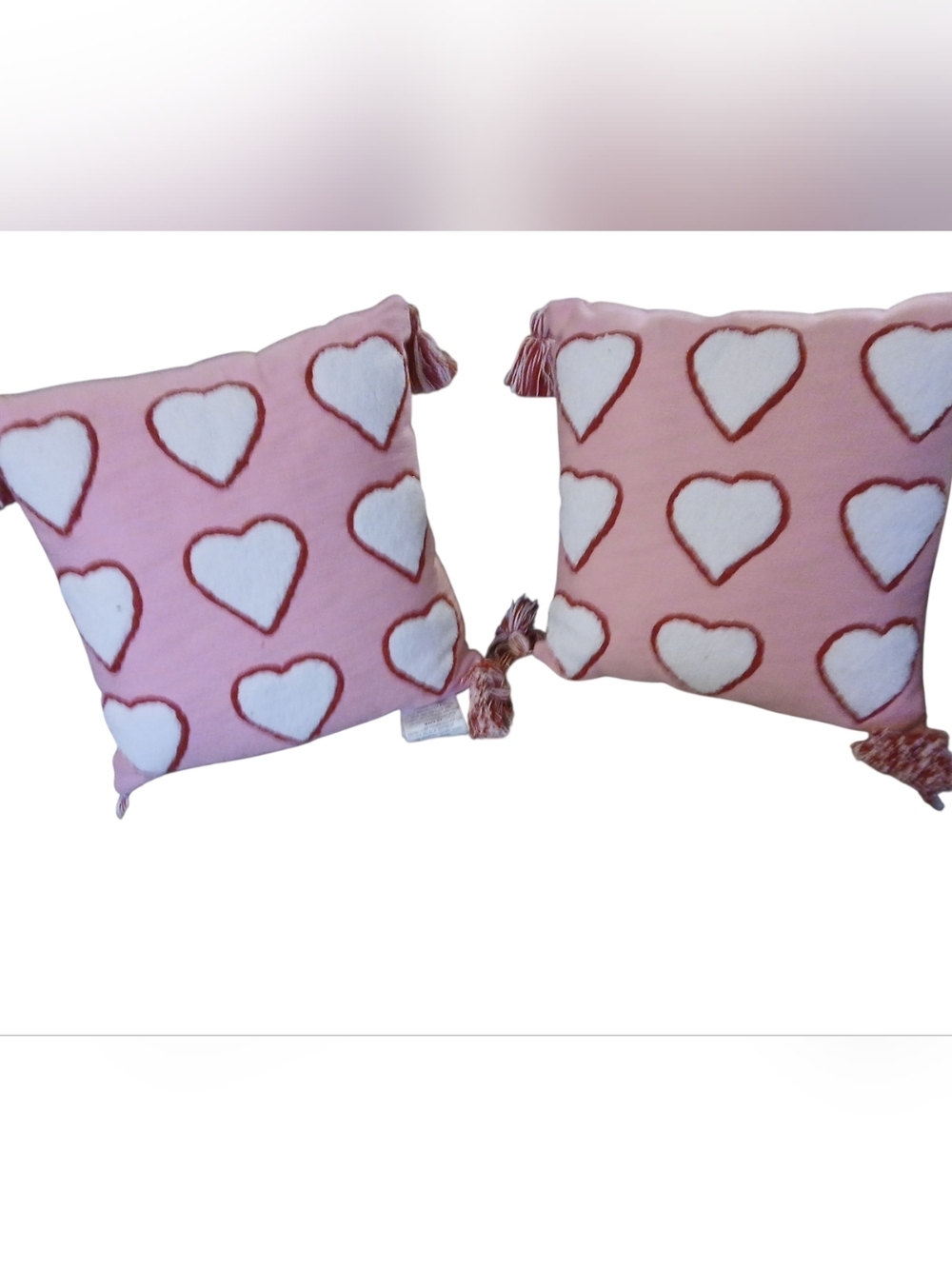 Home - Set of 2 Pink and White Pillow W/ Heart's, Tassels On Corners, 18" X 18" - Picture 7 of 8